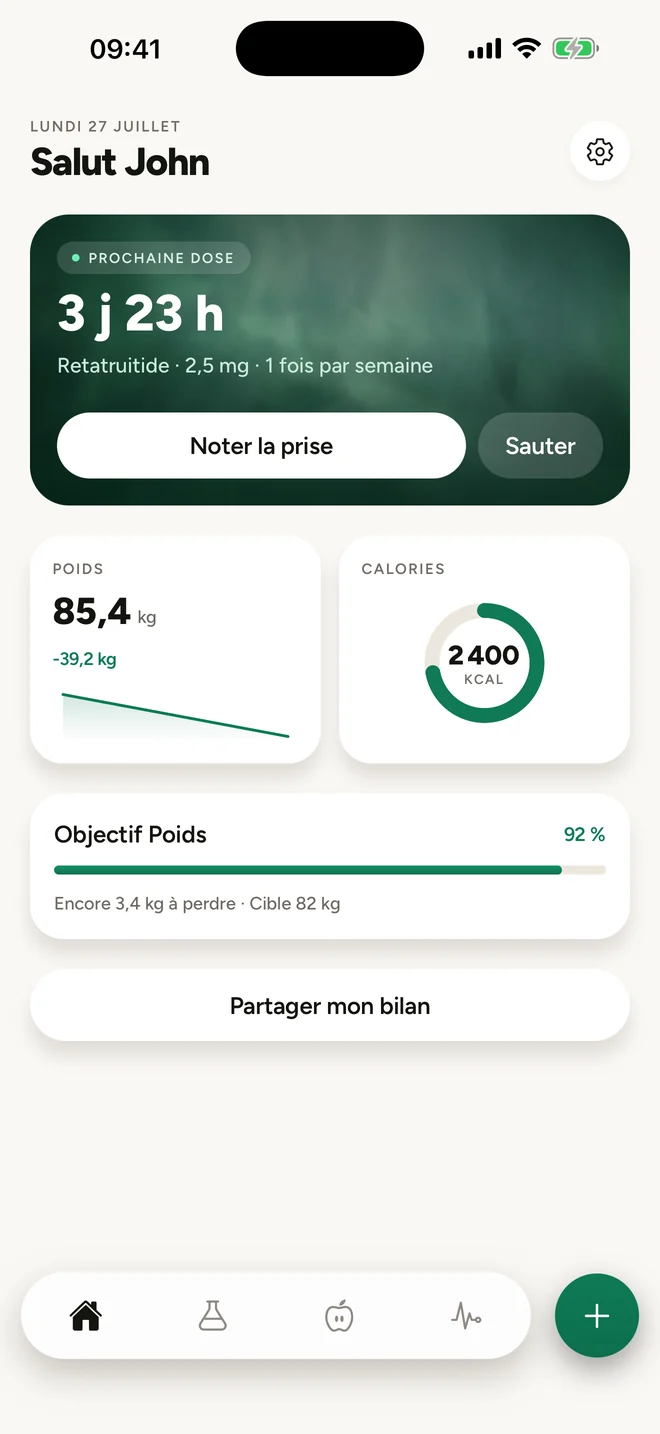 Écran d'accueil de Kynox : compte à rebours avant la prochaine dose, poids et calories du jour