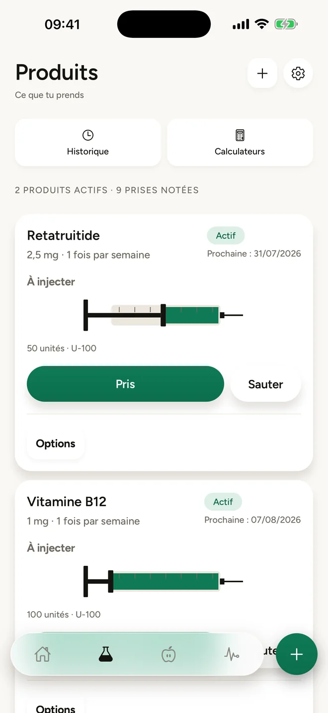 Écran Produits de Kynox : liste des composés actifs avec leur cadence et le volume à injecter