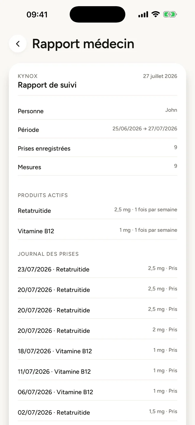 Écran Rapport médecin de Kynox : produits actifs, journal des prises et mesures sur la période